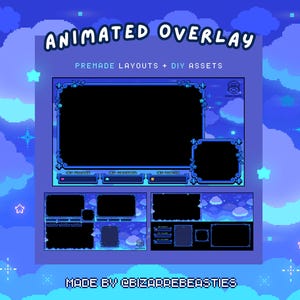 Cute Animated Twitch Overlay Pack ~ Blue Pixel Art Stream Overlay, Chatbox, Webcam, Border, Alerts, Background, Vtuber: Starry Night Sky