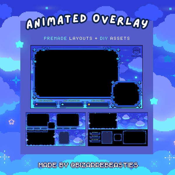 Cute Animated Twitch Overlay Pack ~ Blue Pixel Art Stream Overlay, Chatbox, Webcam, Border, Alerts, Background, Vtuber: Starry Night Sky