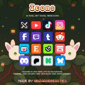 16 Pixel Art Social Media Icons Bundle - YouTube or Twitch Stream Labels / Content Creation Platform Tags / Website Buttons / Game Marketing