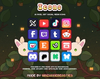 16 Pixel Art Social Media Icons Bundle - YouTube or Twitch Stream Labels / Content Creation Platform Tags / Website Buttons / Game Marketing