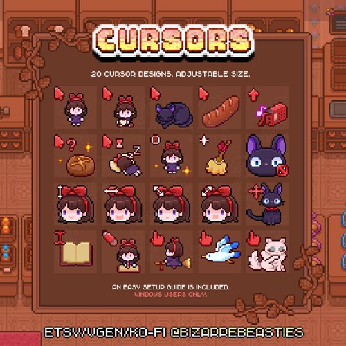 Pack de curseurs de souris animés pixel art kawaii | 20 modèles de pointeur | Thème de la petite boulangerie sorcière