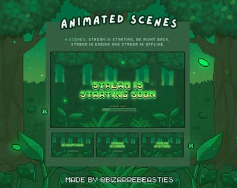 Pixel Art Animated Twitch Stream Scenes | Stream is Starting, Ending, Be Right Back, Offline | Green Forest Plants | Emerald Grove Theme