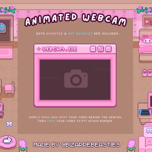 Könnte beinhalten: Animierter Webcam-Overlay mit einem rosa und weißen Farbschema. Der Overlay zeigt ein rosa Fenster mit dem Text "WEBCAM.EXE" und einem Kamerasymbol. Der Text "ANIMATED WEBCAM" befindet sich oben auf dem Overlay. Der Text "BOTH ANIMATED & NOT ANIMATED ARE INCLUDED." befindet sich unter dem Webcam-Fenster. Der Text "SIMPLY DRAG-AND-DROP YOUR VIDEO BEHIND THE WEBCAM, THEN CROP YOUR VIDEO TO FIT WITHIN BORDER." befindet sich unter dem Text. Der Text "MADE BY @BIZARREBEASTIES" befindet sich unten auf dem Overlay.