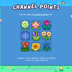 9 Twitch Emotes / Channel Points Pack - Cute Pixel Art Icons, Digital Stickers, Stream Decor, Streamer Channel Rewards - Flowers Types List