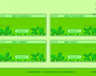 Cute 6x Animated Alerts ~ Animated Twitch Alerts Pack ~ 8bit Pixel Art ~ Kawaii Aesthetic Animated Stream Alerts ~ Green Plants Herbs Garden