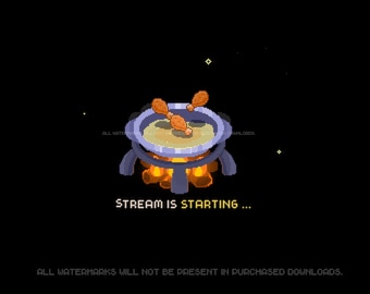 Lindas escenas de transmisión de Twitch (4x) ~ 3 animadas + 1 banner sin conexión ~ Pixel Art ~ Inicio, final, sin conexión, vuelvo enseguida ~ Videojuegos, juego ~ Tema de cocina