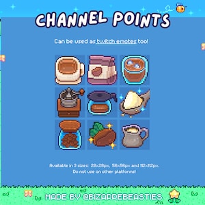 9 Twitch Emotes / Channel Points Pack - Cute Pixel Art Icons, Digital Stickers, Stream Decorations, Streaming Channel Rewards - Cafe Theme