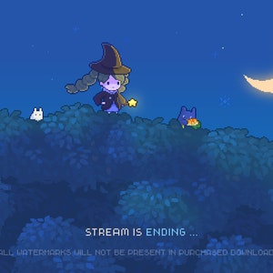 K&ouml;nnte beinhalten: Eine Pixel-Art-Illustration einer Hexe mit einem schwarzen Hut und einem blauen Kleid, die auf einem H&uuml;gel mit einem Halbmond am Himmel steht. Der Text "STREAM IS ENDING..." befindet sich am unteren Rand des Bildes.
