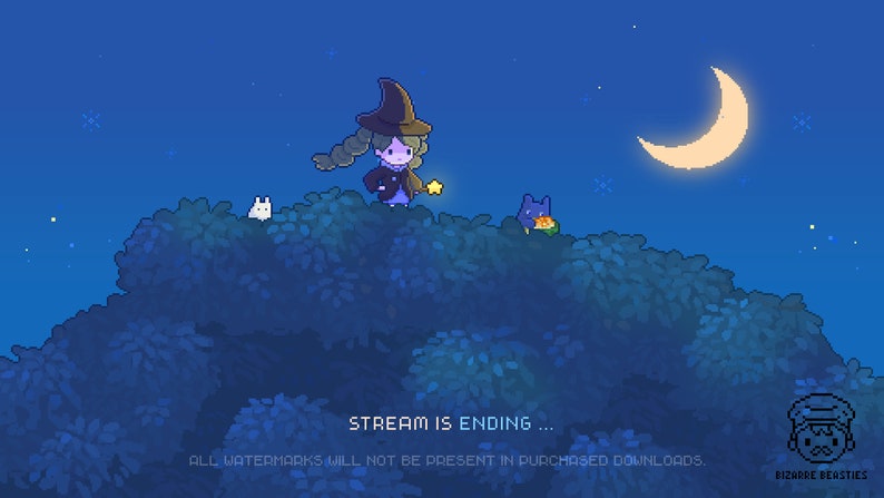 K&ouml;nnte beinhalten: Eine Pixel-Art-Illustration einer Hexe mit einem schwarzen Hut und einem blauen Kleid, die auf einem H&uuml;gel mit einem Halbmond am Himmel steht. Der Text "STREAM IS ENDING..." befindet sich am unteren Rand des Bildes.