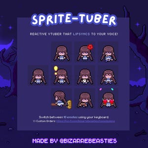 Könnte beinhalten: Ein digitales Grafikdesign mit dem Text "SPRITE-TUBER" und "REACTIVE VTUBER THAT LIPSYNCS TO YOUR VOICE!". Es zeigt ein Raster von pixeligen Anime-Mädchen-Emotes, jedes mit einem anderen Ausdruck. Der Text unten lautet "MADE BY @BIZARREBEASTIES".