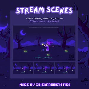 Cute 4x Animated Twitch Stream Screen Pack - Purple Pixel Art Animation Scene - Starting, Brb, Ending, Offline: Star Collecting Witch Theme