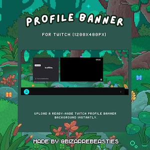 Op de afbeelding: Een pixelige Twitch-profielbanner met bos-thema. De banner bevat de tekst "PROFILE BANNER FOR TWITCH (1200x480px)" en "UPLOAD A READY-MADE TWITCH PROFILE BANNER BACKGROUND INSTANTLY." Gemaakt door @BIZARREBEASTIES.