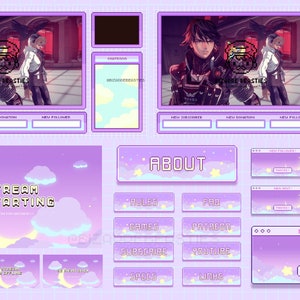 May include: Purple and white Twitch stream overlay with a moon and clouds design. The overlay includes sections for new subscribers, donations, followers, chat, about, rules, FAQ, games, Patreon, subscribe, YouTube, specs, links, and a new raid alert.