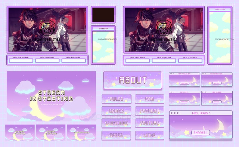 May include: Purple and white Twitch stream overlay with a moon and clouds design. The overlay includes sections for new subscribers, donations, followers, chat, about, rules, FAQ, games, Patreon, subscribe, YouTube, specs, links, and a new raid alert.