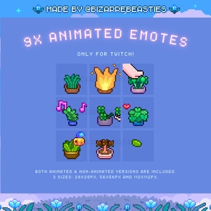 9x Animated Pixel Art Twitch Emotes -  Subscriber Rewards, Cute 8-bit Pixel Aesthetic, Cozy Afternoon Stream Package - Potted Plants Theme