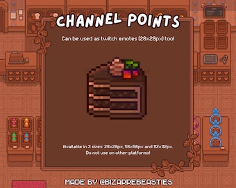 Twitch Emote / Channel Point - Pixel Art Stream Bits, Channel Rewards, Cherry Fruit Food Digital Stickers, Cute Bakery Icon - Chocolate Cake