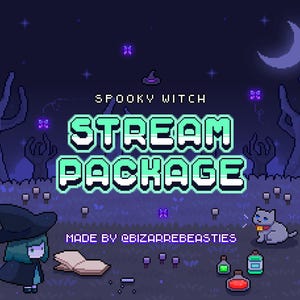 May include: A pixel art illustration of a spooky witch with a purple hat and green hair. The text "Spooky Witch Stream Package" is in a green and white font. The text "Made by BizarreBeasties" is below the main text. The image is set against a dark blue background with a crescent moon and purple butterflies.