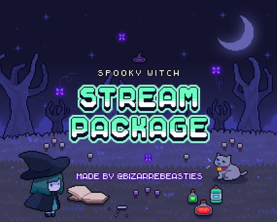 Cute Pixel Art Stream Package: Panels, Animated Alerts, Twitch Overlays, Webcams, Transition, Offline Scenes, Emotes, Badges - Spooky Witch