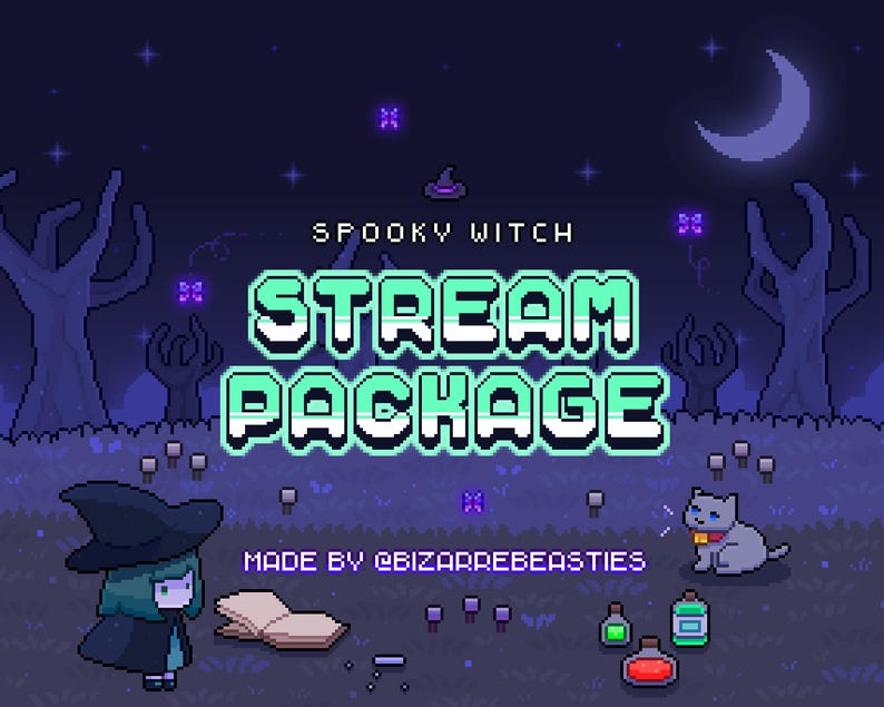 May include: A pixel art illustration of a spooky witch with a purple hat and green hair. The text "Spooky Witch Stream Package" is in a green and white font. The text "Made by BizarreBeasties" is below the main text. The image is set against a dark blue background with a crescent moon and purple butterflies.