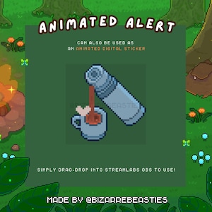 1 Animated Stream Alert for Twitch or YouTube - Cute Pixel Art Animation, Cozy Campfire Theme Bundle, OBS, New Follower: Coffee Steam Heart