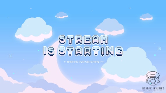 Cute 4x Animated Twitch Stream Screens ~ 8bit Pixel Art Offline Banners ~ Starting, Ending, Offline, Brb~ Kawaii Magical Blue Day Moon Skies