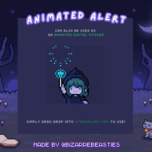 May include: Animated alert featuring a pixel art witch casting a spell with a blue wand. The text "ANIMATED ALERT" is in a purple box at the top of the image. The text "CAN ALSO BE USED AS AN ANIMATED DIGITAL STICKER" is in a smaller purple box below the first box. The text "SIMPLY DRAG-DROP INTO STREAMLABS OBS TO USE!" is in a white box at the bottom of the image. The text "MADE BY @BIZARREBEASTIES" is in a white box at the bottom of the image.