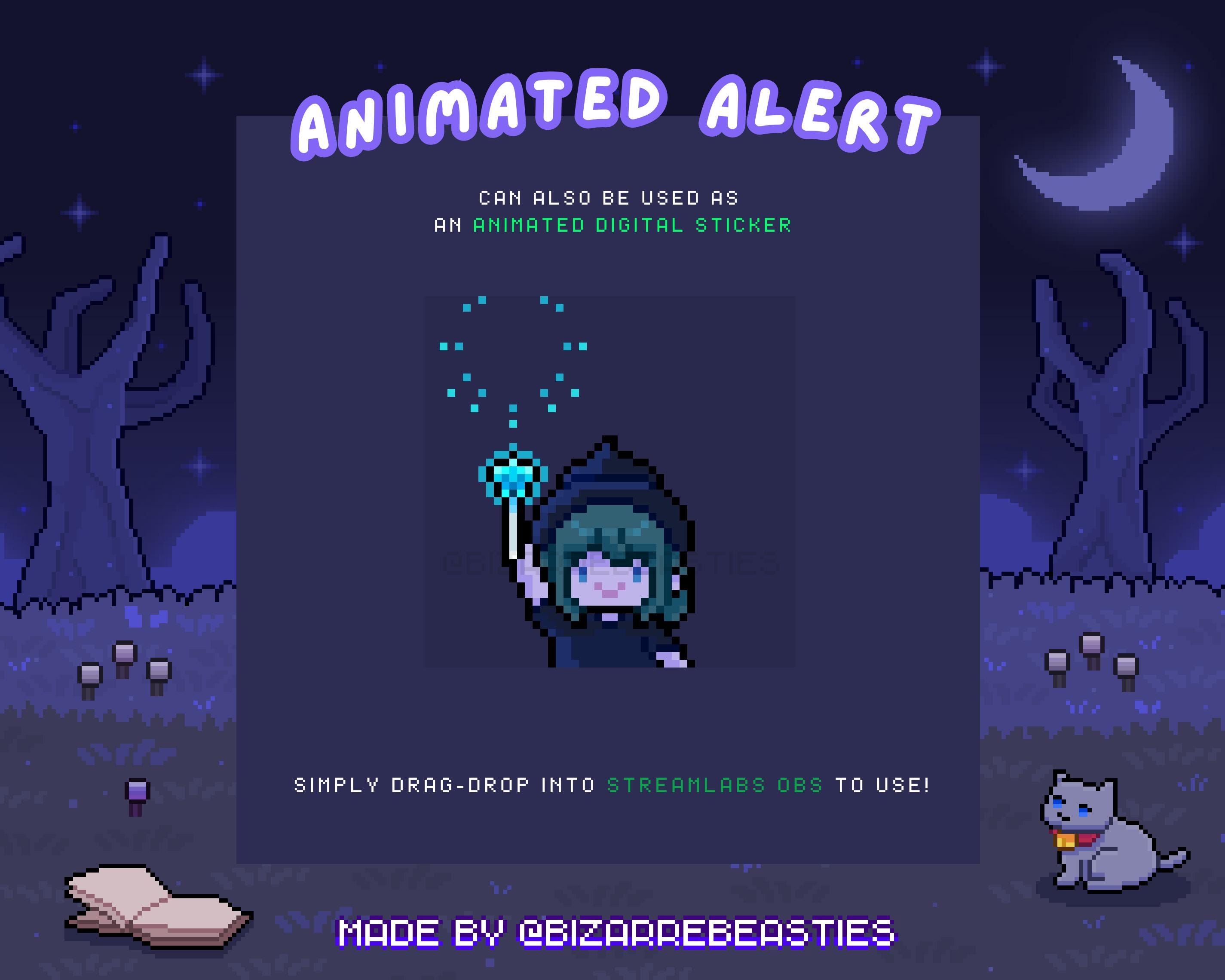 1 Cute Animated Stream Alert ~ Pixel Art Twitch Alert, OBS, Dark Aesthetic, Spooky Witch Stream Package Theme: Witchy Spell Bits Cheer Alert