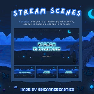 4x Pixel Art Animated Twitch Stream Screens - Cute Offline Banners, Blue Moon Night - Starting, Brb,  Ending, Offline: Ocean Moonlight Theme