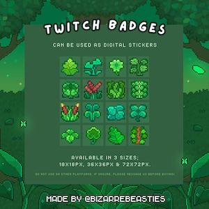 以下が含まれることがあります： 植物をテーマにしたピクセル化されたTwitchバッジのデジタルグラフィック。緑色のバッジは、葉、花、その他の植物要素を描いています。画像には「Twitch Badges」と「デジタルステッカーとして使用できます」と書かれています。