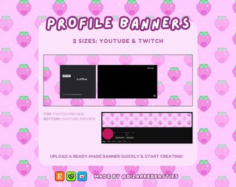 2 Pixel Art Profile Banners for Twitch, YouTube - Kawaii Pink Strawberries Theme