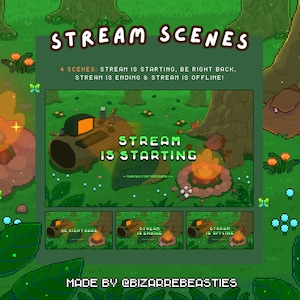 4 Cute Pixel Art Animated Stream Scenes Pack for Twitch, YouTube - Starting, Brb, Ending, Offline, Green Forest Camping: Cozy Campfire Theme