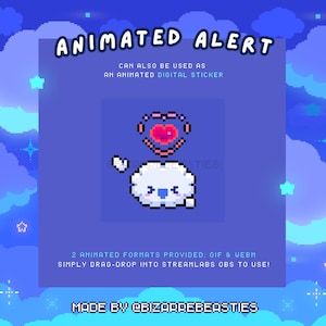 Cute Animated Stream Alert - Pixel Art Animated Twitch Alerts - Starry Night Sky Stream Package, New Follower Alert : Baby Cloud Heart Theme