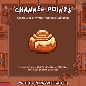 Twitch-emote / kanalpoäng - Pixel Art Stream-bitar, kanalbelöningar, prenumerantförmåner, söt bageriikon, söta matemotes - kanelbulle