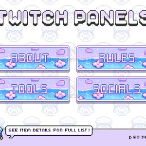 Peut inclure: Quatre panneaux Twitch avec un schéma de couleurs violet pastel et bleu. Les panneaux présentent un motif floral avec les mots "À propos", "Règles", "Outils" et "Réseaux sociaux". Le texte "Voir les détails de l'article pour la liste complète !" et "▷ 50 Panneaux" est également visible.