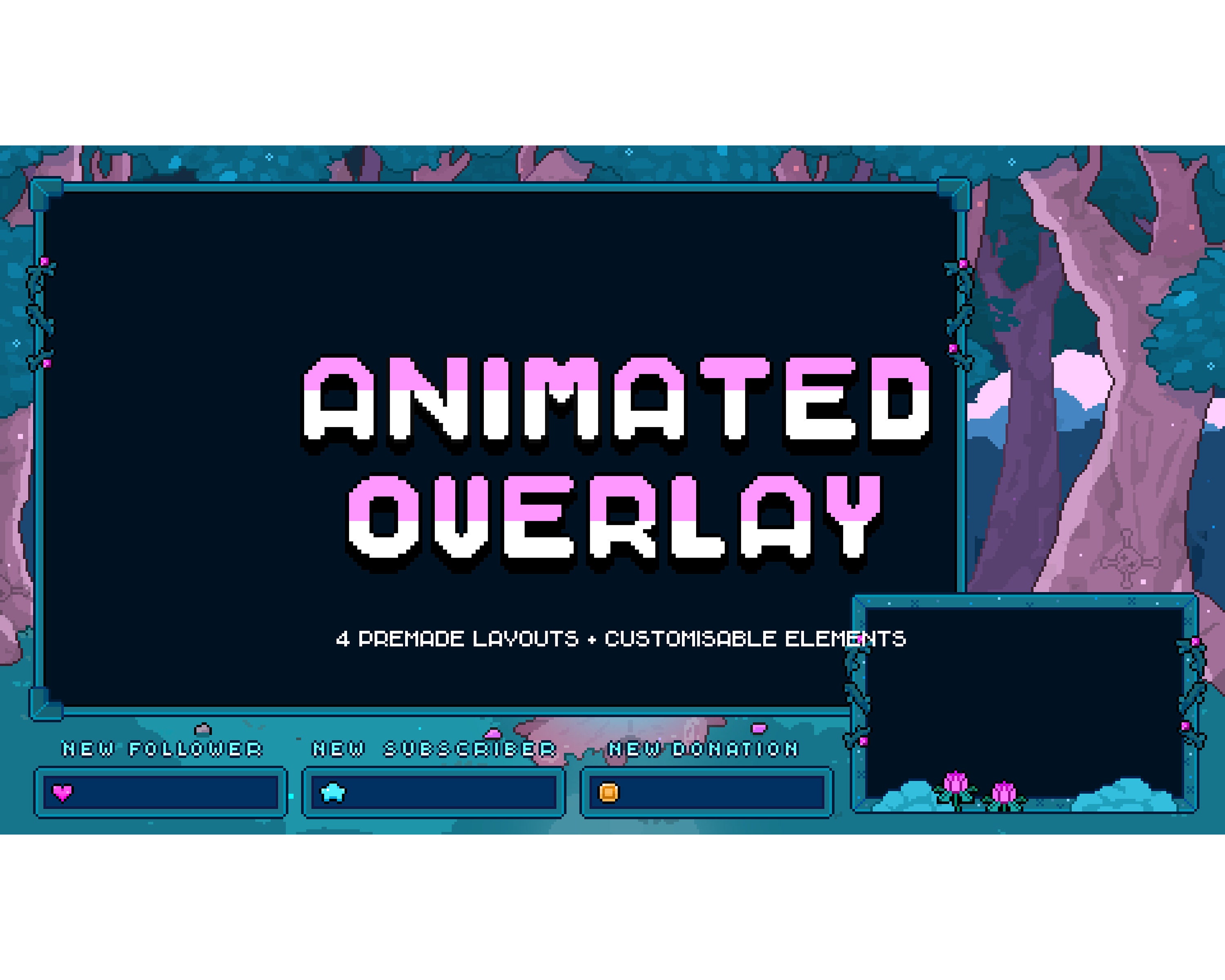 Cute Animated Webcam Overlay ~ 8bit Pixel Art All-in-one (GIF, Png, Mov)  Twitch Overlays for Streamers ~ Blue Flowers Pixel Cam