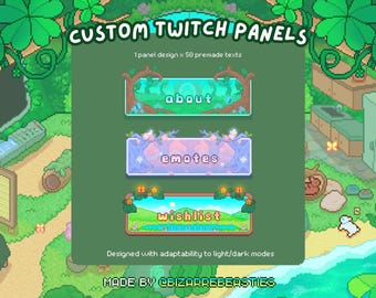 May include: A set of three rectangular pixel art Twitch panels with forest themes. The panels feature the text about, emotes, and wishlist. The top panel is teal, the middle is pink, and the bottom is green. Text reads Custom Twitch Panels.