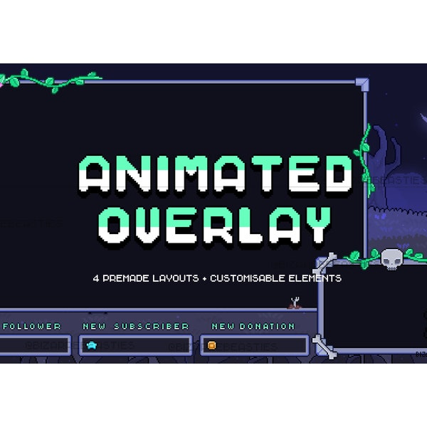 Premium Animated Twitch Overlay ~ Cute Pixel Art Stream Overlay, Just Chatting, Webcam, Frame, Alerts ~ Spooky Witch x Skulls x Dark Theme