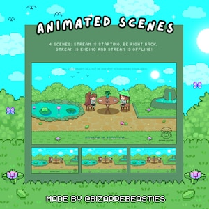Cute 4x Animated Twitch Stream Screens Pack~ Pixel Art ~ Starting, Ending, Offline, Brb ~ Froggo, Green, Coffee, Garden ~ Frog Picnic Theme