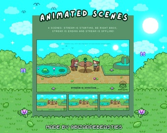 Cute 4x Animated Twitch Stream Screens Pack~ Pixel Art ~ Starting, Ending, Offline, Brb ~ Froggo, Green, Coffee, Garden ~ Frog Picnic Theme