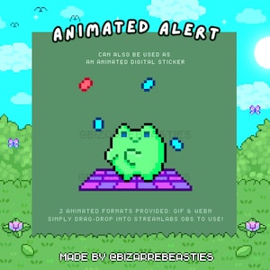 Puede incluir: Alerta animada con una rana verde haciendo malabares con bolas azules y rojas sobre un fondo verde con cielo azul y nubes. El texto "ANIMATED ALERT" está en la parte superior de la imagen. El texto "CAN ALSO BE USED AS AN ANIMATED DIGITAL STICKER" está debajo de la rana. El texto "2 ANIMATED FORMATS PROVIDED: GIF & WEBM SIMPLY DRAG-DROP INTO STREAMLABS OBS TO USE!" está debajo de la rana. El texto "MADE BY @BIZARREBEASTIES" está en la parte inferior de la imagen.