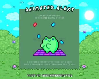 Cute Animated Stream Alert ~ Twitch Alert, Animated Alert, Pixel Art Alert, Green Froggy~ Frog Picnic Stream Package ~ Froggo Confetti Theme