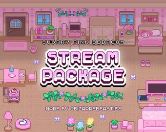 Pixel Art Twitch Stream Package - Animated Overlays, Scenes, Panels, Alerts, Transition, Profile Banner, Badges, Emotes: Sugary Pink Bedroom