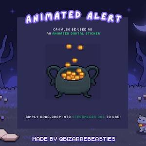 1 Cute Animated Stream Alert ~ Pixel Art Twitch Alert, Spooky Witch Stream Package: Witchy Cauldron Gold Nugget Spell - New Donation Alert
