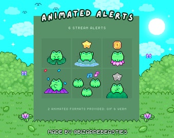 6 Cute Animated Stream Alerts ~ Twitch Alert, Alert Box, Animated Alert, Pixel Art Alerts ~ Green, Frog Picnic Stream Package ~ Froggo Theme