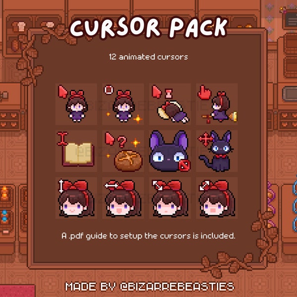 Pack de curseurs de souris kawaii - 12 modèles - décoration de bureau - mignons pointeurs de curseur animés Pixel Art - boulangerie, chat - thème une apprentie sorcière