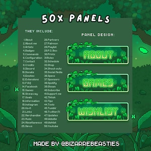 50 Cute Pixel Art Twitch Panel Pack - Peaceful Magical Green Forest Nature Stream Branding, About Me, Commands, Emotes - Emerald Grove Theme