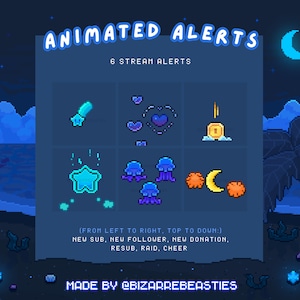 6 Cute Animated Stream Alerts - Animated Pixel Art Twitch Alerts - Sub, Follower, Donation, Resub, Raid, Cheer Bits : Ocean Moonlight Theme