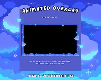 Puede incluir: Superposición animada para streaming con un fondo de cielo pixelado azul y morado, estrellas blancas y una pantalla negra en el centro. El texto "ANIMATED OVERLAY" está en azul con un contorno blanco. El texto "SCREENSHOT:" está en blanco. El texto "AVAILABLE IN MP4, WEBM AND PNG FORMATS. RECOMMENDED FOR USE IN OBS." está en blanco. El texto "MADE BY @BIZARREBEASTIES" está en blanco.