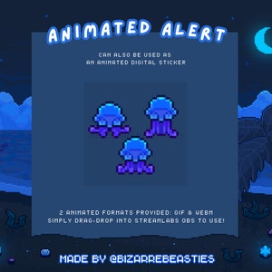 Avviso di streaming animato carino - Avvisi Twitch animati in pixel art - Pacchetto streaming Ocean Moonlight, Avviso di raid: tema festa danzante con meduse