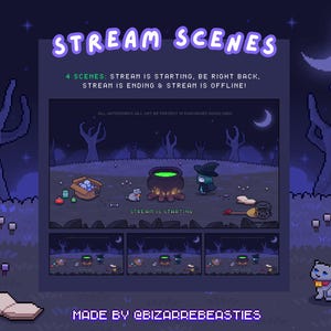 Cute 4x Animated Twitch Stream Screens Pack~ 8bit Pixel Art Animation ~ Starting, Ending, Offline, Brb ~ Spooky Witch x Cauldron x Graveyard
